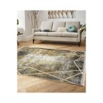 RealHomes Gold Gri Zeminde Çerçeveli Motifli Eskitme Desenli Geometrik Oturma Odası Kaymaz Taban Saçaklı Halı HaliDik-Deluxe-11694, 120 x 180