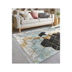 RealHomes Gold Siyah Zeminde Mozaik Motifli Geometrik Desenli Geometri Kaymaz Taban Saçaklı Halı HaliDik-Deluxe-11266, 150 x 300