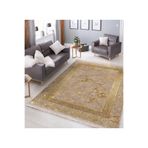 RealHomes Gold Zeminde Çerçeveli Motifli Geleneksel Desenli Geometrik Klasik Oturma Odası Kaymaz Saçaklı Halı HaliDik-Deluxe-11209, 150 x 300