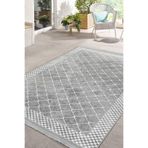 RealHomes Gri - Beyaz Zeminde Çerçeveli Motifli Geometrik Desenli Geometrik Mutfak Kaymaz Taban Saçaklı Halı HaliDik-Deluxe-11739, 80 x 120