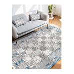 RealHomes Gri Mavi Zeminde Dokuma Halı Motifli Kilim Desenli Vintage Eskitme Motifli Salon Kaymaz Saçaklı Halı HaliDik-Deluxe-11535, 100 x 200
