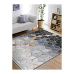 RealHomes Gri - Mavi Zeminde Mozaik Motifli Geometrik Desenli Geometrik Klasik Mutfak Banyo Saçaklı Halı HaliDik-Deluxe-12038, 120 x 120