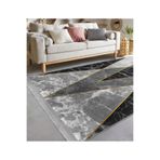 RealHomes Gri - Siyah Zeminde Mermer Motifli Geometrik Desenli Geometrik Klasik Kaymaz Taban Saçaklı Halı HaliDik-Deluxe-11586, 80 x 120