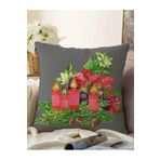 RealHomes Gri Zemin Çam Yapraklı Mum Tasarımlı Dijital Baskılı Dekoratif Raşel Örme Yastık Kırlent Kılıfı, Sonil-K10143-43x43cm
