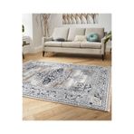 RealHomes Gri Zemin Retro Motifli Dokuma Halı Desenli Etnik Motifler Eskitme Motifli Salon Kaymaz Saçaklı Halı HaliDik-Deluxe-11534, 150 x 200