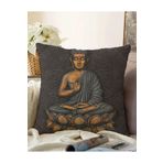 RealHomes Gri Zeminde Buda Heykeli Motifli Çift Taraflı Özel Tasarım Raşel Örme Kırlent Kılıfı, Sonil-K5042-43x43cm
