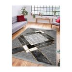 RealHomes Gri Zeminde Geometrik Motifli Klasik Desenli Geometrik Klasik Mutfak Salon Kaymaz Taban Saçaklı Halı HaliDik-Deluxe-11418, 100 x 120