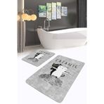 Realhomes Gri Zeminde Sevimli Kedi Desenli Modern 2'li Kaymaz Taban Yıkanabilir Banyo Paspası