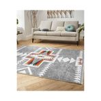 RealHomes Gri Zeminde Yöresel Motifli Antik Desenli Vintage Etnik Motifler Salon & Oturma Odası Saçaklı Halı HaliDik-Deluxe-12063, 60 x 120