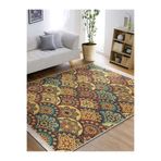 RealHomes Hardal Zeminde Etnik Motifli Kilim Desenli Vintage Geometrik Kaymaz Taban Saçaklı Halı HaliDik-Deluxe-11942, 80 x 100