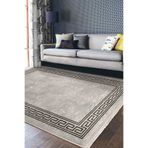 RealHomes Kahverengi Bej Zeminde Çerçeveli Motifli Kilim Desenli Avangarde Geometrik Oturma Odası Saçaklı Halı HaliDik-Deluxe-11692, 80 x 150