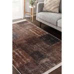 RealHomes Kahverengi Zemin Patchwork Motifli Vintage Desenli Vintage Eskitme Motifli Kaymaz Taban Saçaklı Halı HaliDik-Deluxe-12025, 100 x 200