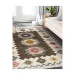 RealHomes Kahverengi Zeminde Etnik Motifli Kilim Desenli Avangarde Vintage Salon & Oturma Odası Saçaklı Halı HaliDik-Deluxe-11302, 120 x 120