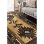 RealHomes Kahverengi Zeminde Geometrik Motifli Kilim Desenli Vintage Etnik Motifler Kaymaz Taban Saçaklı Halı HaliDik-Deluxe-12090, 80 x 200