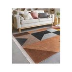 RealHomes Kahverengi Zeminde Geometrik Motifli Modern Desenli Geometrik Klasik Salon Kaymaz Taban Saçaklı Halı HaliDik-Deluxe-11250, 100 x 120