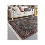 RealHomes Kahverengi Zeminde Kilim Motifli Uşak Desenli Etnik Motifler Avangarde Salon Saçaklı Halı HaliDik-Deluxe-11522, 150 x 150