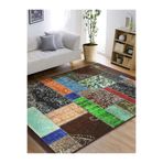 RealHomes Kahverengi Zeminde Patchwork Motifli Etnik Desenli Vintage Eskitme Motifli Koridor Saçaklı Halı HaliDik-Deluxe-11413, 80 x 300