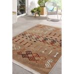 RealHomes Kahverengi Zeminde Tribal Motifli Etnik Desenli Etnik Motifler Geometrik Dış Mekan Saçaklı Halı HaliDik-Deluxe-11131, 80 x 150