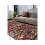 RealHomes Kırmızı Zemin Patchwork Motifli Etnik Desenli Etnik Motifler Vintage Oturma Odasıkaymaz Saçaklı Halı HaliDik-Deluxe-11844, 120 x 180