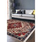 RealHomes Kırmızı Zeminde Antik Motifli El Dokuma Desenli Etnik Motifler Avangarde Oturma Odası Saçaklı Halı HaliDik-Deluxe-11933, 80 x 250