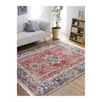 RealHomes Kırmızı Zeminde Hereke Motifli Yöresel Desenli Vintage Avangarde Salon Kaymaz Taban Saçaklı Halı HaliDik-Deluxe-11141, 100 x 150