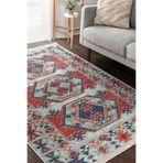 RealHomes Kırmızı Zeminde Kilim Motifli Geleneksel Desenli Avangarde Etnik Motifler Salon Kaymaz Saçaklı Halı HaliDik-Deluxe-11384, 100 x 150