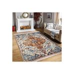 RealHomes Kırmızı Zeminde Kilim Motifli Iran Desenli Eskitme Motifli Avangarde Salon Kaymaz Taban Saçaklı Halı HaliDik-Deluxe-11313, 80 x 150