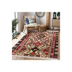 RealHomes Kırmızı Zeminde Türkmen Motifli Kilim Desenli Avangarde Vintage Koridor Kaymaz Taban Saçaklı Halı HaliDik-Deluxe-12098, 100 x 120