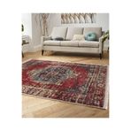 RealHomes Kırmızı Zeminde Yöresel Motifli Kilim Desenli Eskitme Motifli Oturma Odası Kaymaz Taban Saçaklı Halı HaliDik-Deluxe-12096, 180 x 180