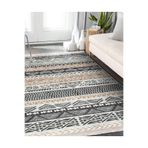 RealHomes Krem Gri Zeminde Iskandinav Motifli Kilim Desenli Geometrik Etnik Motifler Kaymaz Taban Saçaklı Halı HaliDik-Deluxe-11814, 180 x 180