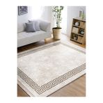 RealHomes Krem Kahve Zemin Çerçeveli Motifli Antika Desenli Geometrik Eskitme Motif Salon Kaymaz Saçaklı Halı HaliDik-Deluxe-12054, 120 x 180