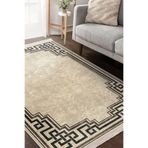 RealHomes Krem Kahverengi Zeminde Çerçeveli Motifli Klasik Desenli Geometrik Vintage Salon Kaymaz Saçaklı Halı HaliDik-Deluxe-11576, 100 x 200