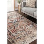 RealHomes Krem Kırmızı Zeminde Kilim Motifli Etnik Desenli Etnik Motifler Eskitme Motifli Kaymaz Saçaklı Halı HaliDik-Deluxe-12057, 80 x 100