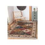 RealHomes Krem - Kırmızı Zeminde Uşak Motifli Kilim Desenli Avangarde Etnik Motifler Salon Kaymaz Saçaklı Halı HaliDik-Deluxe-11934, 80 x 100