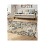 RealHomes Krem Siyah Zemin Etnik Motifli Antika Desenli Etnik Motifler Vintage Yatak Odası Salon Saçaklı Halı HaliDik-Deluxe-11902, 80 x 120