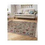 RealHomes Krem Zeminde Hereke Motifli Kilim Desenli Etnik Motifler Avangarde Kaymaz Taban Saçaklı Halı HaliDik-Deluxe-11214, 60 x 120