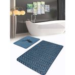 Realhomes Lacivert Geometrik-Eleşki Ve Siyah Geyik Figürlü 2'Li Kaymaz Taban Yıkanabilir Banyo Paspas Seti