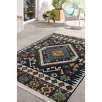 RealHomes Lacivert Zemin Kilim Motifli Baklava Desenli Etnik Motifler Salon & Antre Kaymaz Taban Saçaklı Halı HaliDik-Deluxe-11019, 80 x 120