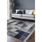 RealHomes Lacivert Zeminde Geometrik Motifli Patchwork Desenli Geometrik Sade & Şık Salon Kaymaz Saçaklı Halı HaliDik-Deluxe-11949, 100 x 100