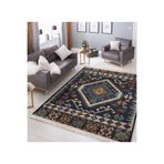 RealHomes Lacivert Zeminde Iran Motifli Kilim Desenli Avangarde Vintage Oturma Odası Kaymaz Taban Saçaklı Halı HaliDik-Deluxe-11081, 80 x 150
