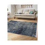 RealHomes Lacivert Zeminde Örme Motifli Kilim Desenli Vintage Koridor Oturma Odası Kaymaz Taban Saçaklı Halı HaliDik-Deluxe-11774, 120 x 180