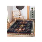 RealHomes Lacivert Zeminde Yöresel Motifli Dokuma Desenli Etnik Motifler Avangarde Oturma Odası Saçaklı Halı HaliDik-Deluxe-11821, 150 x 200