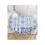 RealHomes Mavi Beyaz Seramik Damask Özel Tasarım Yuvarlak Masa Örtüsü - Çap 140cm, MasaYuv-6068-140x140cm