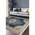RealHomes Mavi Zemin Göbekli Halı Motifli Kilim Desenli Avangarde Etnik Motifler Salon Kaymaz Saçaklı Halı HaliDik-Deluxe-11548, 160 x 230