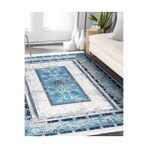 RealHomes Mavi Zeminde Eskitme Motifli Kilim Desenli Eskitme Motifli Oturma Odası Kaymaz Taban Saçaklı Halı HaliDik-Deluxe-11526, 120 x 120