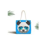 RealHomes Mavi Zeminde Gözlüklü Cool Panda Motifli Modern Fermuarlı Plaj Çantası, Canta-5737