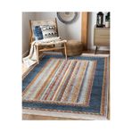 RealHomes Mavi Zeminde Kilim Motifli Dokuma Desenli Etnik Motifler Avangarde Mutfak Kaymaz Taban Saçaklı Halı HaliDik-Deluxe-11664, 80 x 150