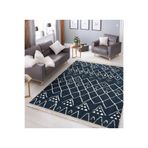RealHomes Mavi Zeminde Otantik Motifli Geleneksel Desenli Geometrik Etnik Motifler Kaymaz Taban Saçaklı Halı HaliDik-Deluxe-11353, 180 x 180
