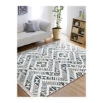 RealHomes Mavi Zeminde Yöresel Motifli Kilim Desenli Geometrik Etnik Motifler Kaymaz Taban Saçaklı Halı HaliDik-Deluxe-11285, 80 x 200