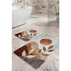 Realhomes Minimalist Yaprak Desenli Kahverengi Bej Kaymaz Taban Yıkanabilir 2'li Banyo Paspas Seti